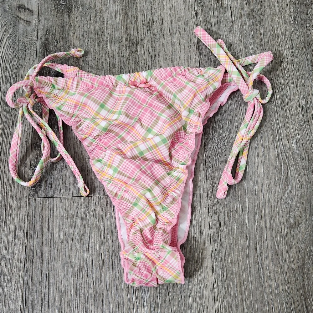 New!Pink X Frankies Bikini‎ Reign Thong Bikini Bottom -Strawbery Plaid